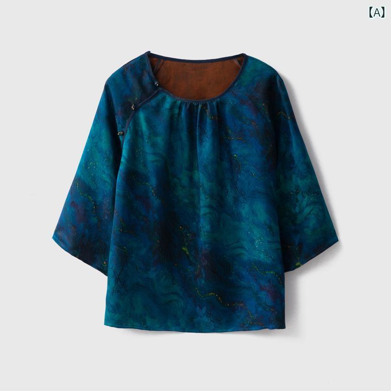 トップス レディース 七分袖 Tシャツ シルク 桑蚕シルク ラウンドネック リラックスフィット 深海ブルー 春夏 軽量 吸湿速乾 高級感 普段使い 通勤用 伸縮性