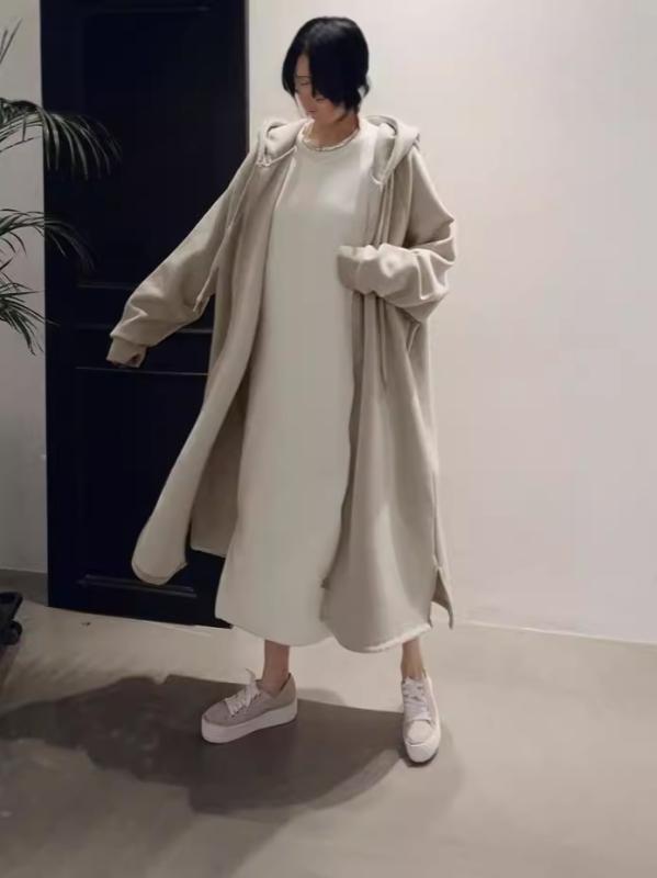 レディース フード付き 開襟 スウェット アウター シック ベーシック 無地 ゆったり ロング 韓国風 秋冬 綿混紡 軽量 伸縮性 通勤用 ブラック アイボリー
