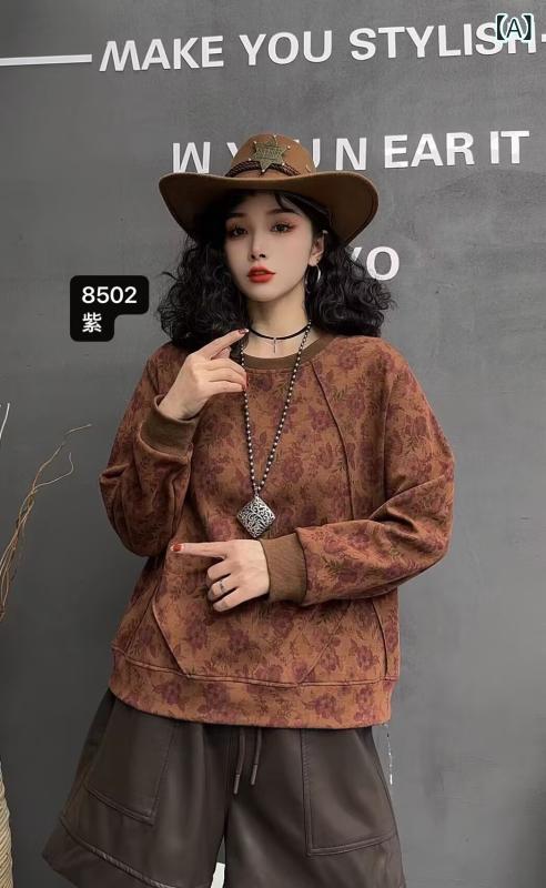 トップス レディース プリント Tシャツ 春 レトロ アーティスティック ルーズフィット ビッグシルエット 痩せ見え ラウンドネック プルオーバー スウェットシャツ コットン