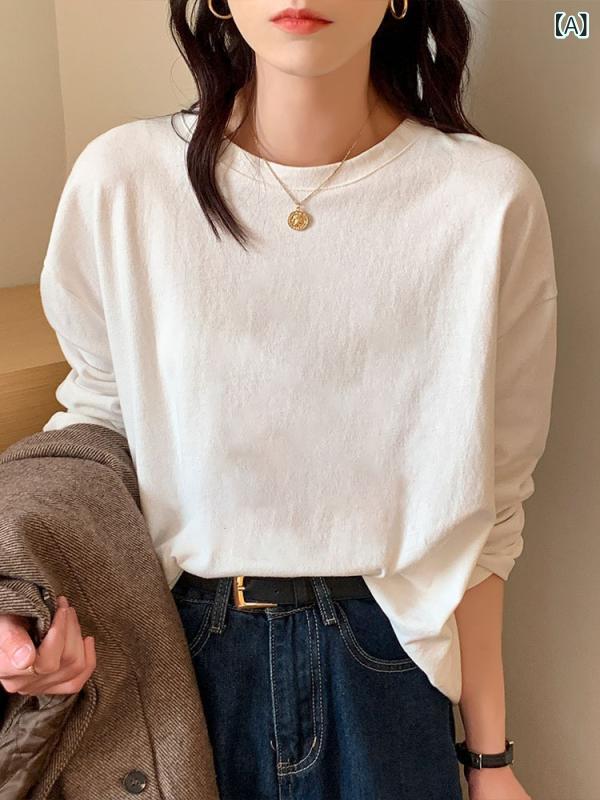 トップス レディース ホワイト コットン 長袖 Tシャツ インナー 秋冬 裏起毛 ゆったり ビッグシルエット 普段使い 吸湿速乾