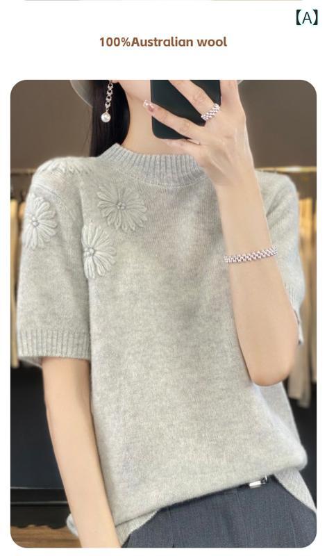 トップス レディース 春夏 ニット 半袖 ゆったり 短め フランス風 復古 手刺繍 汎用 シャツ Tシャツ 伸縮性 接触冷感 吸湿速乾 軽量 高級感 普段使い 綿