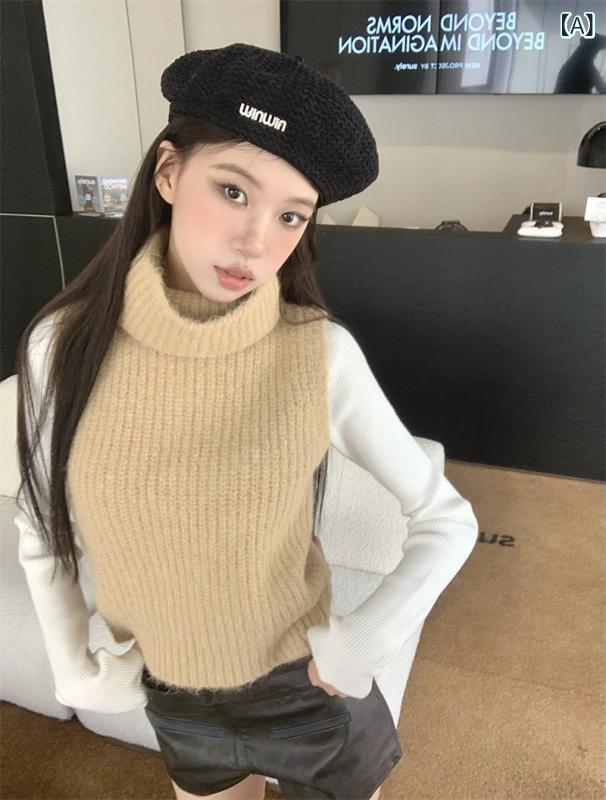 レディース セットアップ コリアン風 ヴィンテージ 高ネック セーター ベスト 無袖 ニット インナー レザー パンツ ローライズ ワイドレッグ ショートパンツ 秋冬 普段使い 伸縮性 高級感