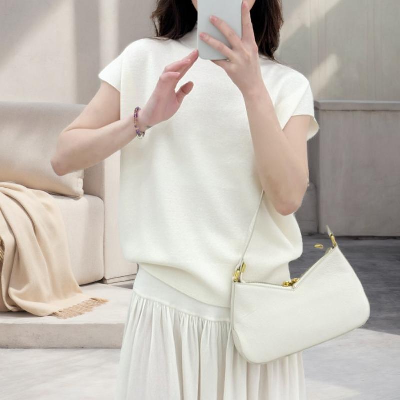 半 高 襟 ?糸 半袖 女性 t シャツ 春夏の 薄手 タイプの ニット 上着の 中に 精 紡 ウール プルオーバーを 着ます。|loeuf