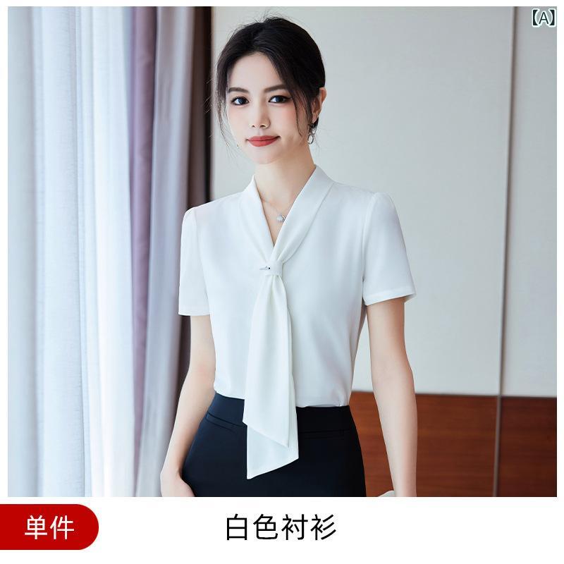 レディース ブラウス トップス ホワイト シフォン 半袖 ビジネス用 通勤用 春 薄地 軽量 ドレープ リボン付き Vネック 高級感 オフィス 吸湿速乾 再生繊維