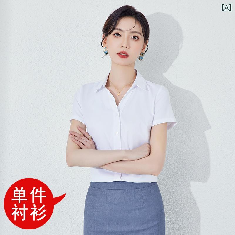 シャツ レディース 半袖 ブラウス トップス 白 Vネック 夏 薄手 上品 通勤用 仕事用 面接用
