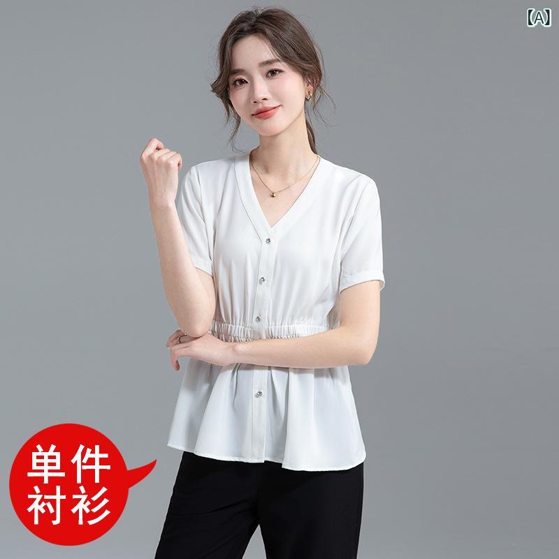 シャツ レディース プラスサイズ ブラウス トップス 職業用 通勤用 夏 雪紡紗 シフォン ゆったり ビッグシルエット 痩せ見え 開襟 軽量 吸湿速乾 ファッショナブル