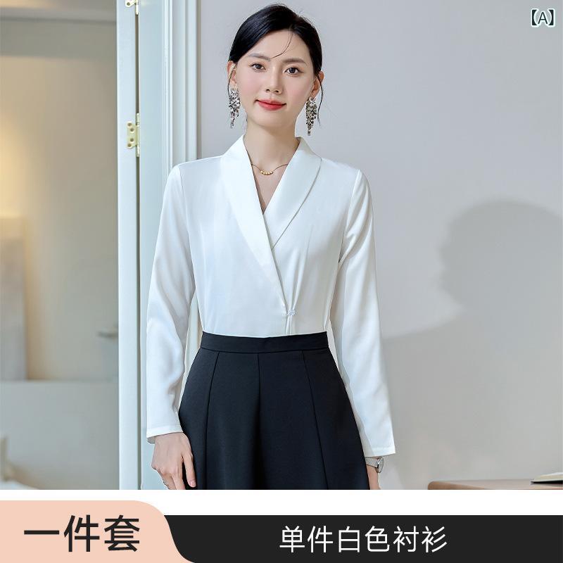 レディース シャツ ホワイト スリムフィット Vネック 長袖 デザイン ワークウェア ビジネス トップス 通勤用 綿素材 伸縮性 スタイリッシュ カジュアルスタイル アイボリー