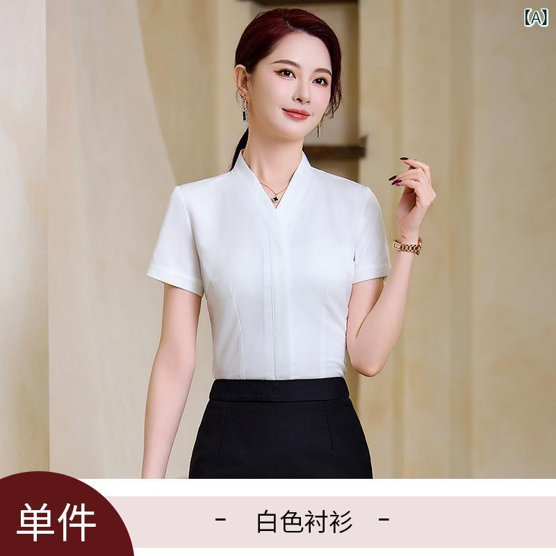 シャツ レディース Vネック 短袖 スリムフィット 面接用 制服 トップス 通勤用 ワイシャツ 普段使い 白 綿 吸湿速乾 伸縮性 軽量 高級感
