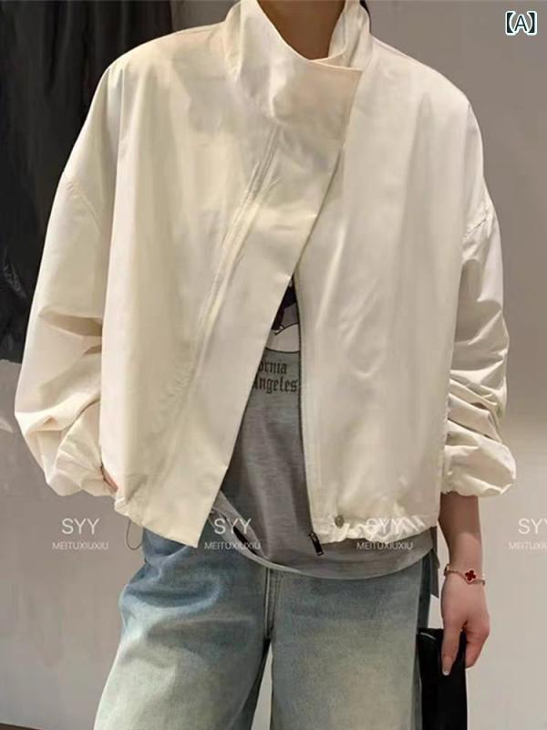 レディース ショートアウター 春 立襟 ゆったり ドローストリング アウトドア UVカット 小柄 軽量 伸縮性 吸湿速乾 綿