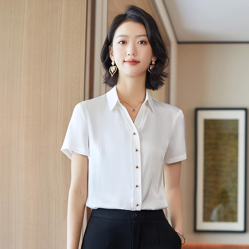 レディース ブラウス シャツ トップス 半袖 Vネック 通勤用 正装 仕事服 職業用 上品 雪紡 軽量 吸湿速乾 サマー エレガント 接触冷感 高級感