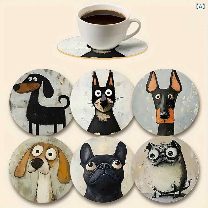 木製 コースター かわいい 犬柄 6ピースセット コーヒー用 ティー用 家庭用 レストラン用 テーブルデコレーション 吸湿性 耐久性