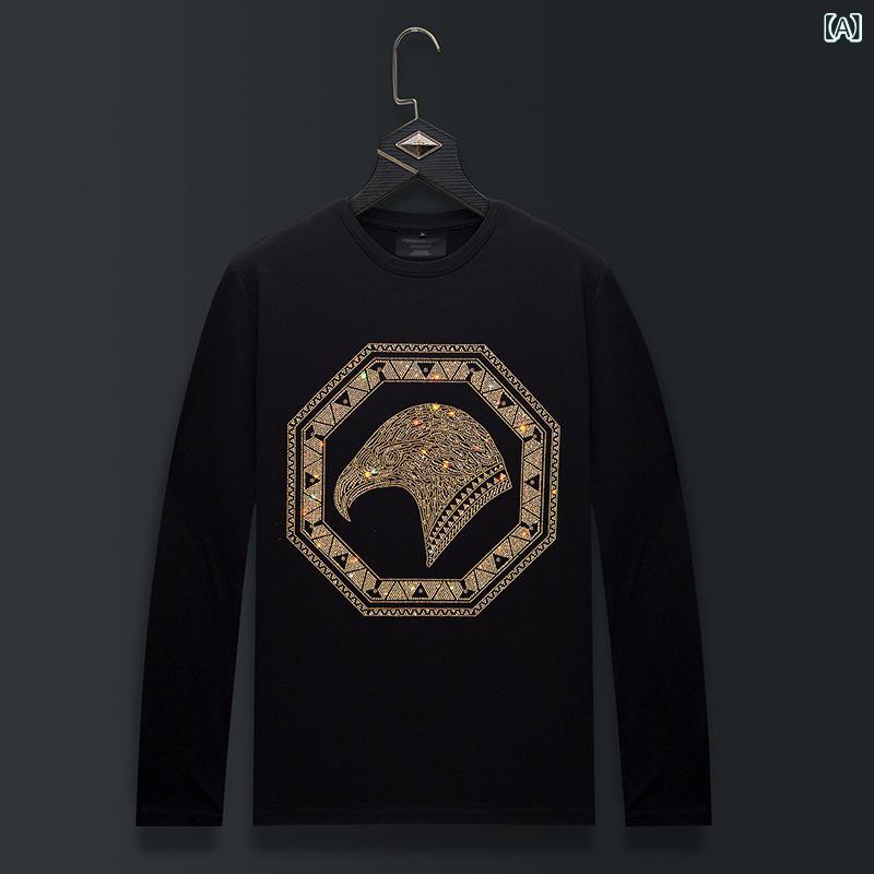 トップス 男性用 長袖 Tシャツ 再生繊維 刺繍 鷲 春夏 ビッグサイズ ラウンドネック インナー ベースレイヤー 高級感 吸湿速乾