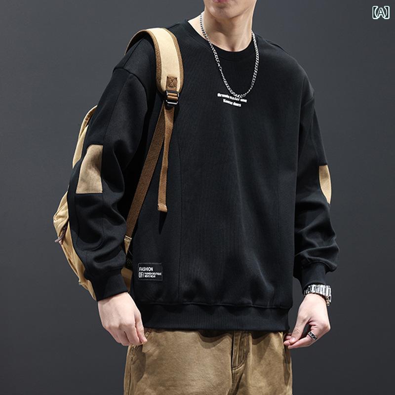 トップス 男性用 日系 ワークウェア風 スウェット 秋冬 クール トレンド ヘビーウェイト Tシャツ ルーズフィット ビッグシルエット ラウンドネック インナー 普段使い 高級感