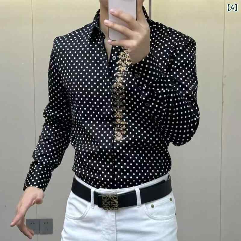 シャツ メンズ 男性用 春 黒白 ドット プリント スリム フィット 長袖 トップス 普段使い 通勤用 吸湿速乾 軽量 伸縮性 高級感 綿 ポリエステル 再生繊維 ファッション モダン クール 接触冷感 黒白系 ユニーク