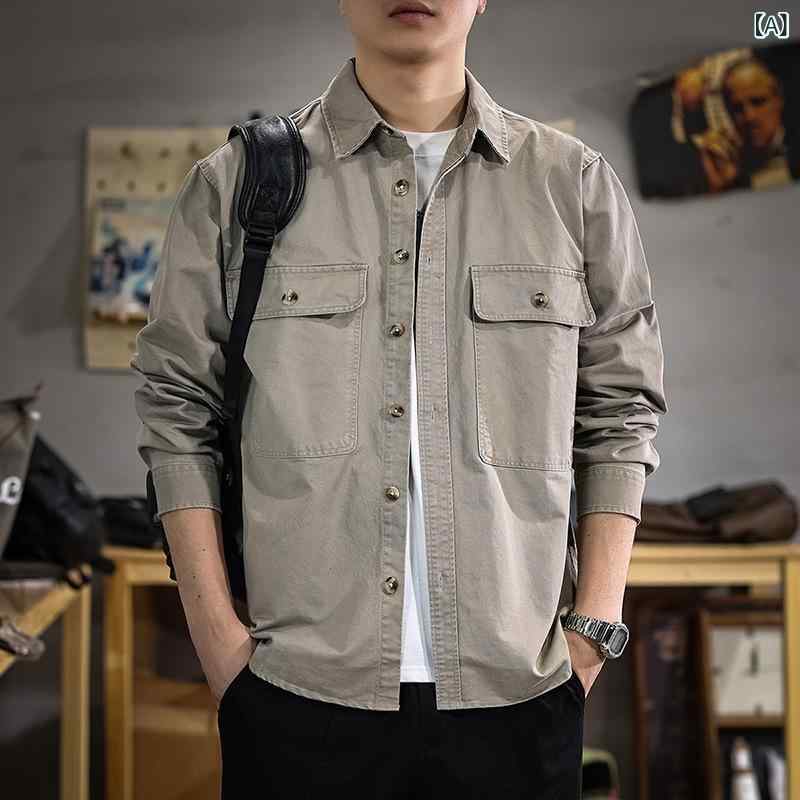シャツ メンズ 男性用 トップス ワークウェア 高級感 多ポケット デザイン クール ストリート カジュアル ワイド ルーズ 春季 ターンチャック ジャケット トレンド