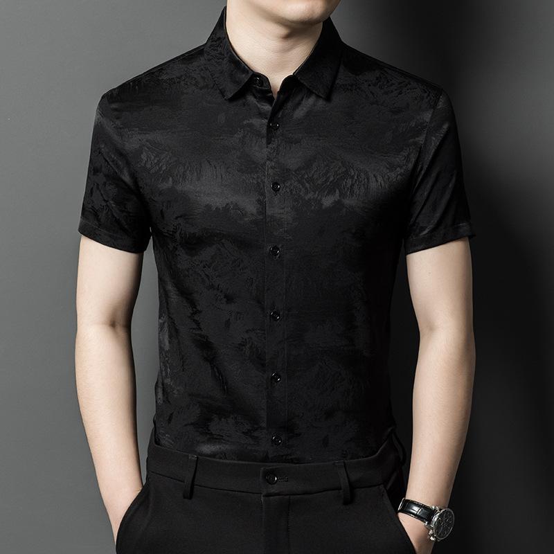 ?糸 ジャカード 半袖 メンズ シャツ 2024 夏服新 商品 中 ビジネス カジュアル 薄手 アイス シャツ|loeuf