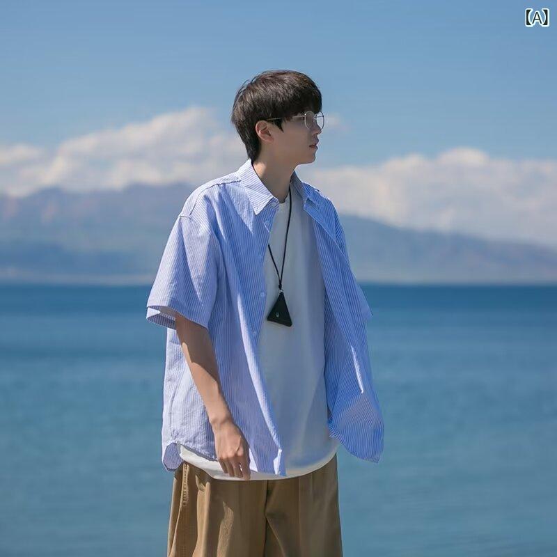 シャツ メンズ 男性用 ストライプ柄 夏用 港風 学生向け リラックスフィット デザイン ユニーク トップス アウター 普段使い 軽量 吸湿速乾 綿素材 ブラック系 春夏