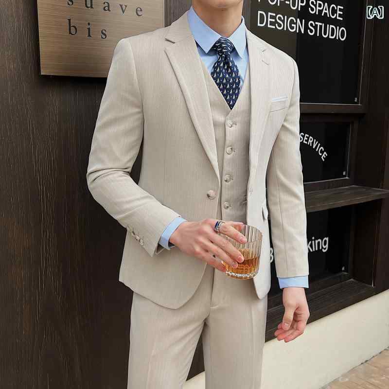 スーツ メンズ 春夏 シンプル スリムフィット ビジネス 通勤 フォーマル ディナー 3ピース ポリエステル 軽量 吸湿速乾