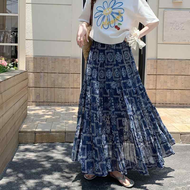 スカート レディース プリーツ フレア ハイウエスト スタイルアップ 小花柄 シフォン ブルー エスニック 優雅 春夏 軽量 吸湿速乾 フェミニン 普段使い