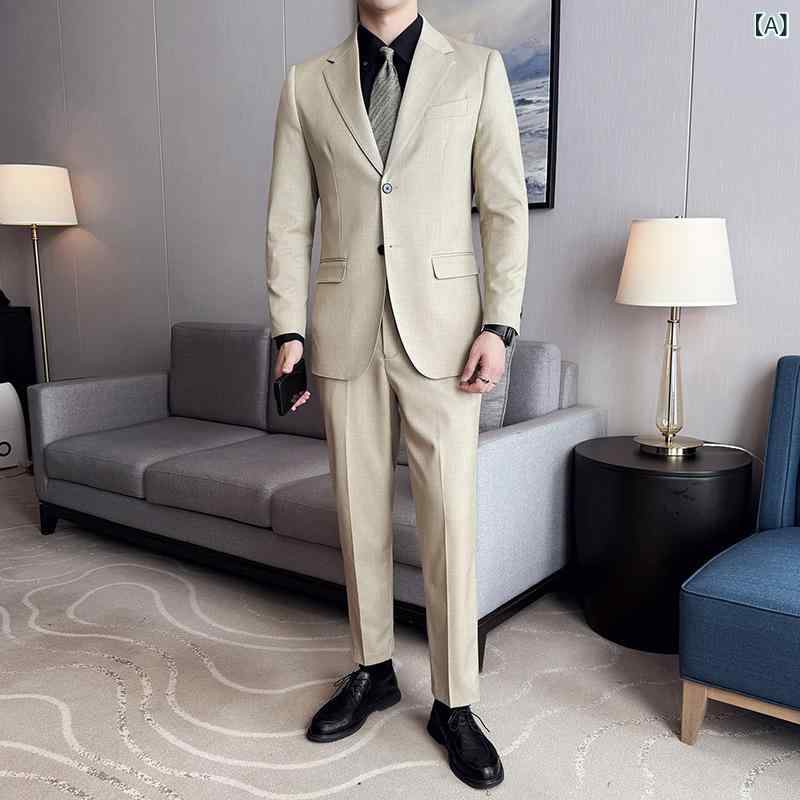 男性用 ビジネススーツ 通勤用 夏 薄型 イタリアンスタイル 2ピース スリムフィット ベーシック ウール配合 伸縮性 接触冷感