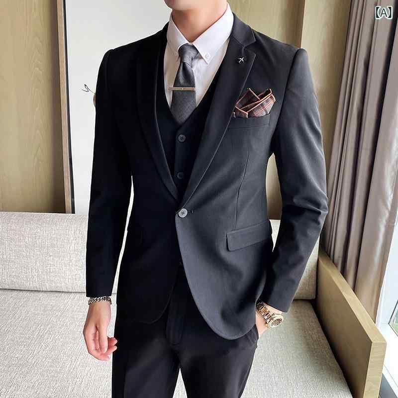 スーツ メンズ 春 セット 韓国風 スリム フィット ファッション 高級感 結婚式 ベストマン タキシード 3ピース フォーマル