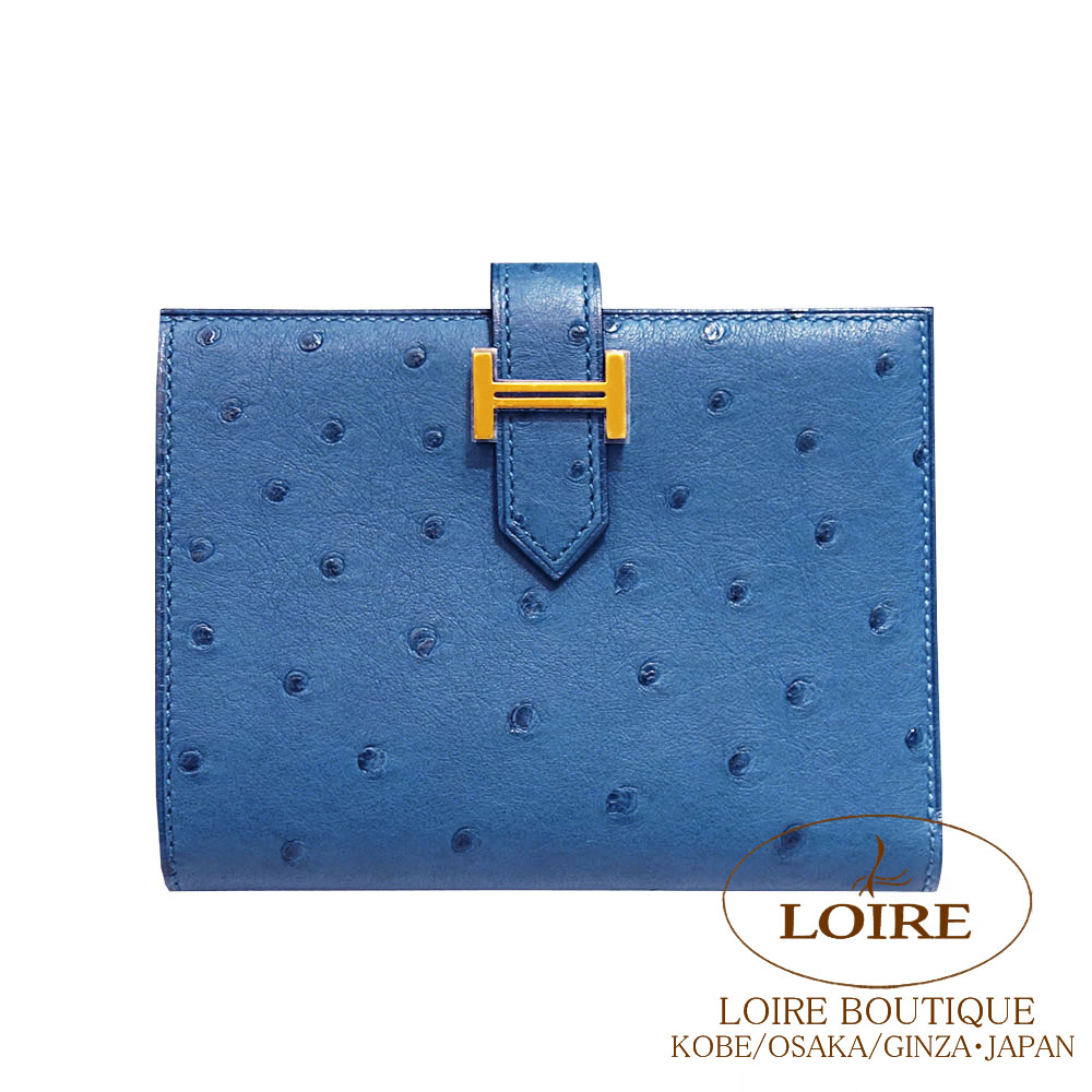 エルメス ベアン パウダーコンパクト ディープブルー 鴕鳥 ゴールド金具 HERMES Bearn Compact DEEP BLUE(S4) Ostrich Gold