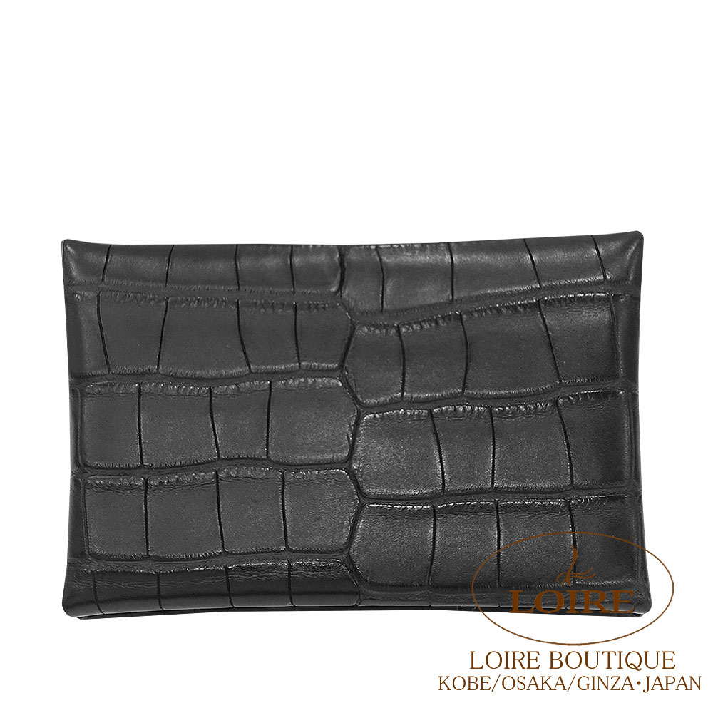 エルメス カルヴィ 歌留多容れもの クロ アリゲーターマット しろがね色金具 HERMES Calvi Card Case NOIR(89) Crocodile Alligator Matte Silver