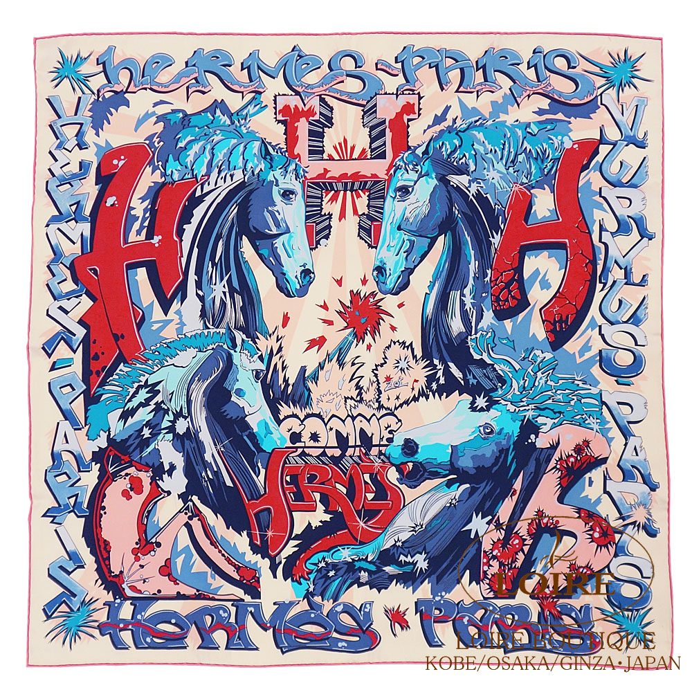 【楽天市場】エルメス カレ70 エルメスのH ローズ×ブルー×クリーム シルク HERMES Carre 70 Hermes no H