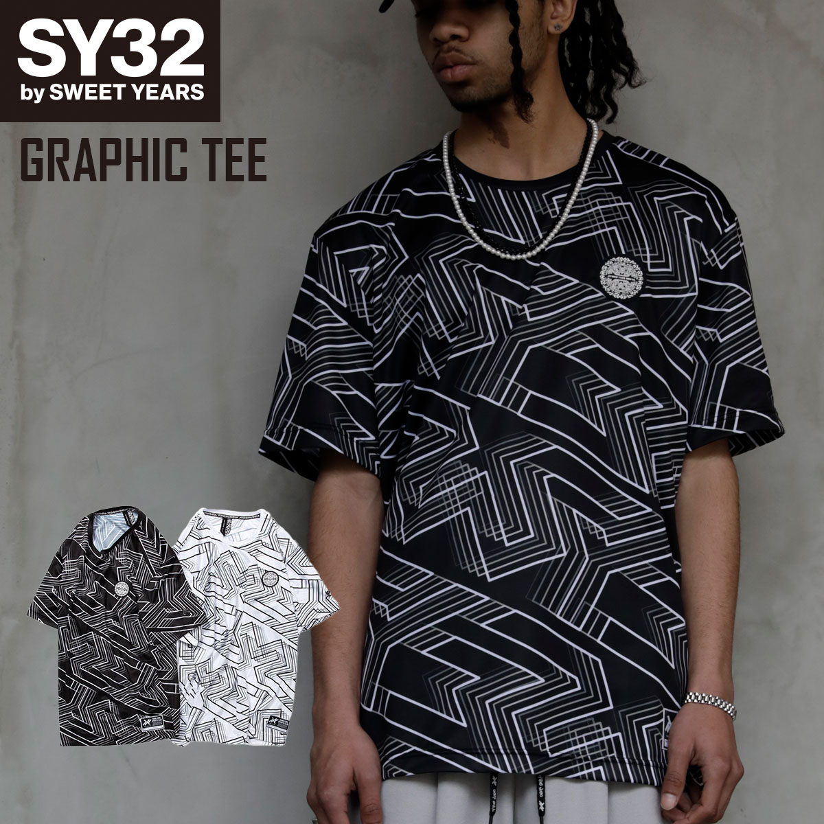 配送日指定可 SY32 シャツ 半袖 柄シャツ グラフィック 総柄 黒 L