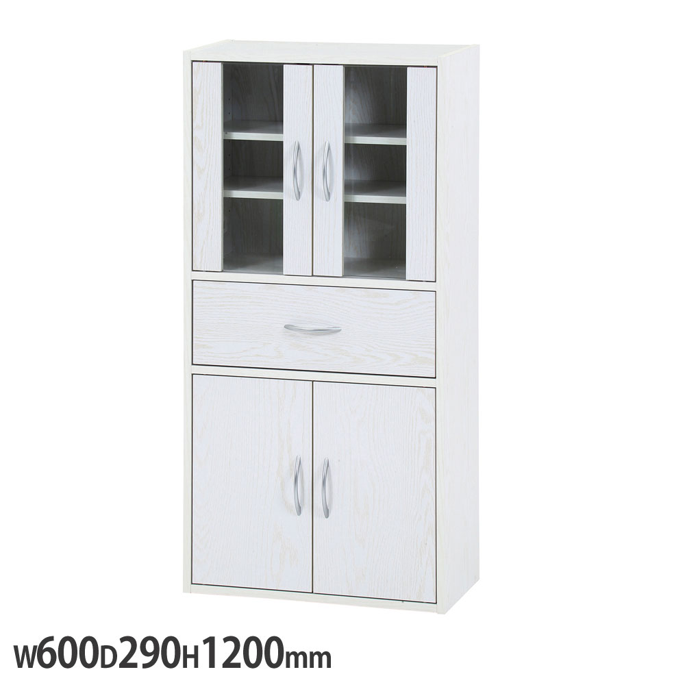 【P5倍4/20 13-15時&最大1万円ｸｰﾎﾟﾝ4/17-23】 ミドルキッチンキャビネット 幅600×奥行290×高さ1200mm オークホワイト 木製ラック キッチン収納 食器棚 カップボード キッチン ダイニング 収納家具 52305
