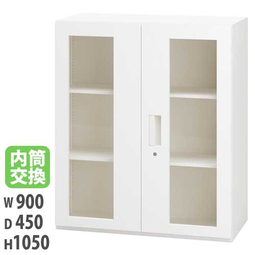 【P5倍4/20 13-15時&最大1万円ｸｰﾎﾟﾝ4/17-23】 【法人限定】 【配送エリア限定】ガラス両開き保管庫 幅900×奥行450×高さ1050mm ホワイト 内筒交換錠付 キャビネット 収納棚 ピュアスペース JH-PU109HGN