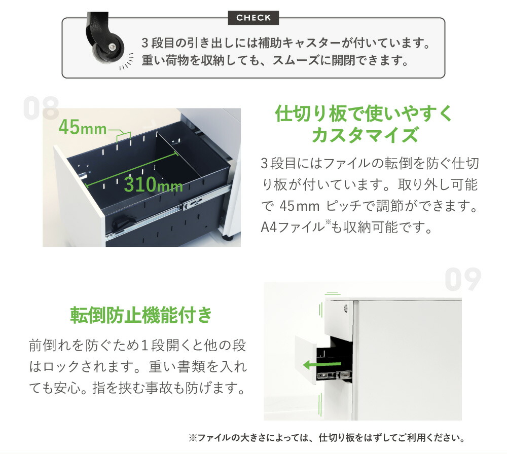 スリムワゴン3段デスクワゴンサイドワゴンキャスター付き鍵付きオフィスワゴンオールロック脇机スチールワゴンサイドキャビネットA4ESW-S3