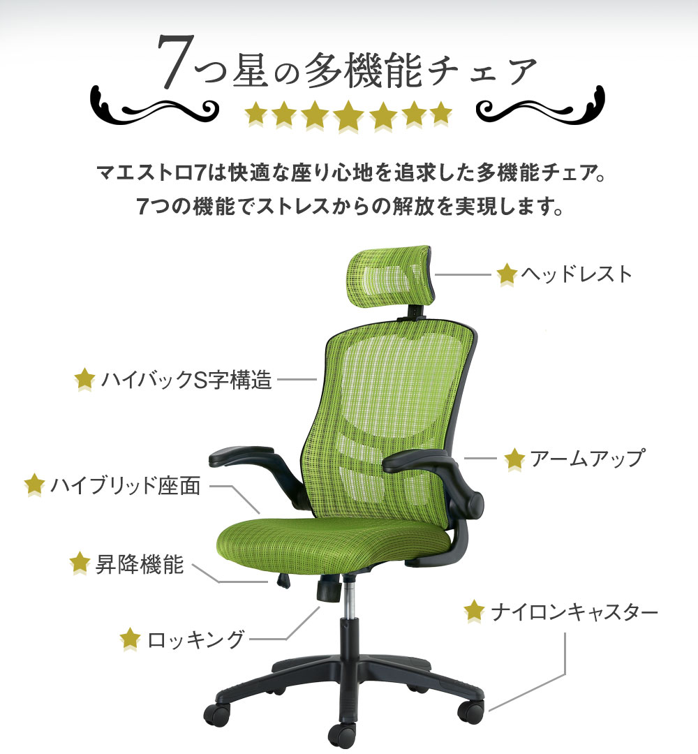 オフィスチェアメッシュハイバックデスクチェアロッキングヘッドレストパソコンチェア事務椅子肘付き腰痛対策アームアップチェアマエストロ7MST-7