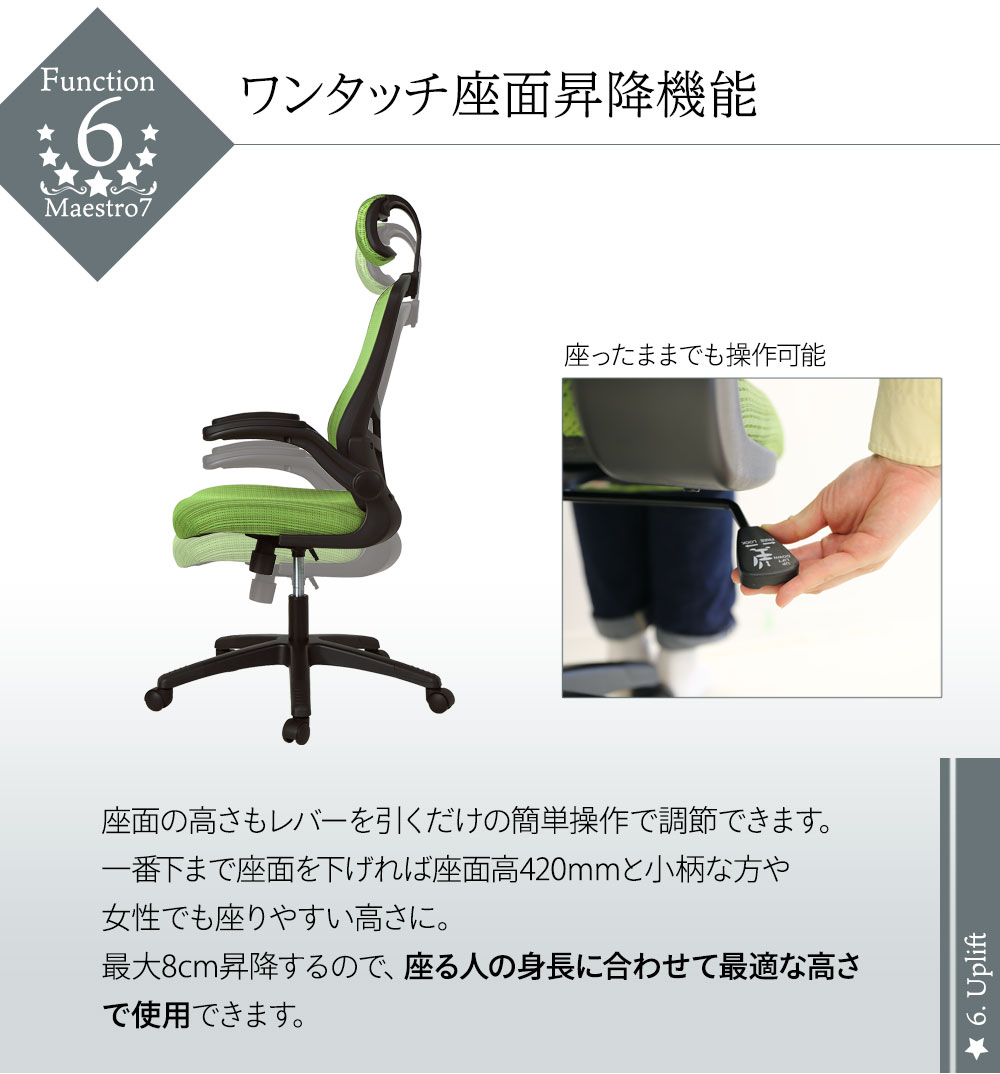オフィスチェアメッシュハイバックデスクチェアロッキングヘッドレストパソコンチェア事務椅子肘付き腰痛対策アームアップチェアマエストロ7MST-7