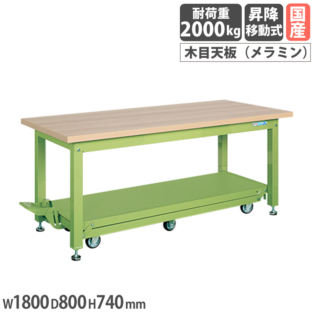 【最大限度1万円ｸｰﾎﾟﾝ5/9-15】 掛け目進め方台 サカエ KWC印字機 ペダル昇降移し替える式 メラミン肌理天板 幅1800×奥ぶかさ800×高さ740粍 本体緑であること 天板木目調 首尾一貫した耐荷重2000kg 日本製 KWCM-188Q6 はしご・作業台-作業台-花・ガーデン・DIY