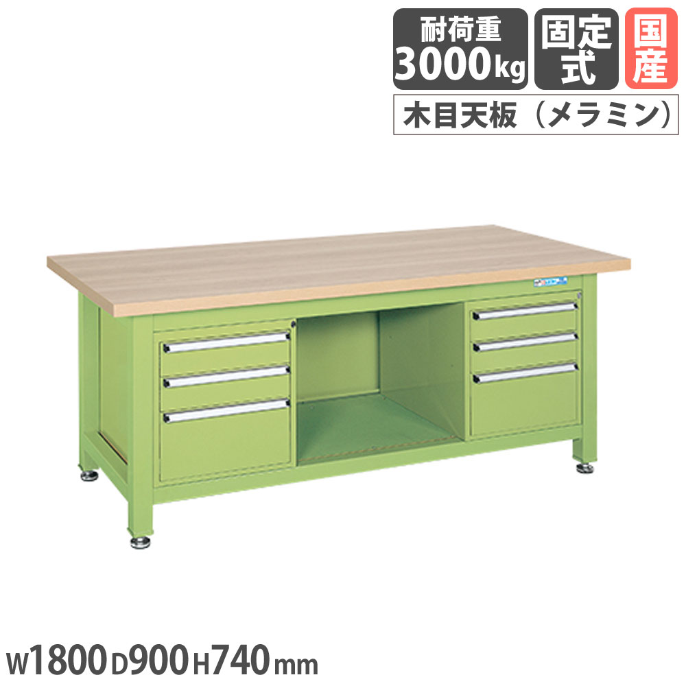 【最大1万円ｸｰﾎﾟﾝ4/4-9】 超重量作業台 サカエ Ｗタイプ 3段キャビネット2個付 メラミン木目天板 幅1800×奥行900×高さ740mm 本体グリーン 天板木目調 作業テーブル 日本製 WM-893F3B