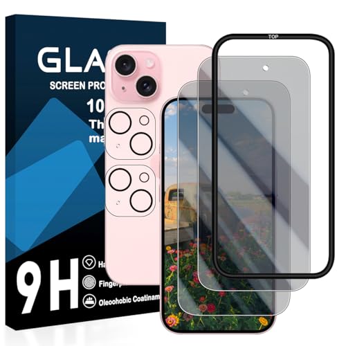 iPhone 15 Plus ガラスフィルム 2枚 覗き見防止フィルム + 2枚 レンズ保護フィルム ガイド枠 アイフォン 15 plus フィルム 覗き見防止 強化ガラス 液晶 保護フィルム 硬度9H 耐衝撃 飛散防止 3D Touch高感度タッチ 指紋防止 撥油性 疎水性 自動吸着 気泡ゼロ ...