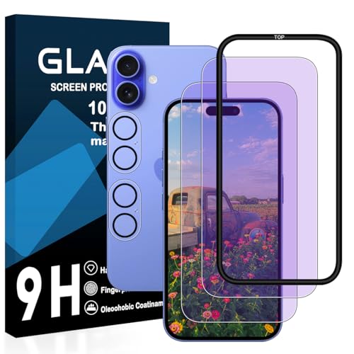 iPhone 16 ガラスフィルム ブルーライトカット 2枚 + 2枚 レンズ保護フィルム + ガイド枠 保護フィルム 強化ガラス 目の疲れ軽減 目に優しい 硬度9H 気泡ゼロ 飛散防止 指紋防止 高感度 衝撃吸収 ラウンドエッジ加工 送料無料