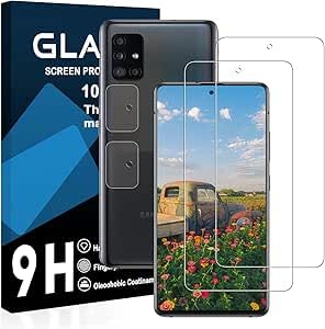 Galaxy A51 ガラスフィルム ギャラクシー A51 SCG07 SC-54A 保護フィルム 硬度9H 気泡ゼロ 飛散防止 指紋防止 高感度 衝撃吸収 ラウンドエッジ加工 [2枚 液晶フィルム + 2枚 レンズフィルム ] 送料無料