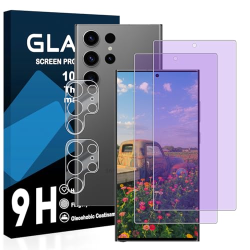 Galaxy s25 Ultra ガラスフィルム ギャラクシーS25 Ultra 保護フィルム 目の疲れ軽減 目に優しい ブルーライトカット 硬度9H 気泡ゼロ 飛散防止 指紋防止 高感度 衝撃吸収 ラウンドエッジ加工 [2枚ブルーライトカット+2枚レンズフィルム] 送料無料