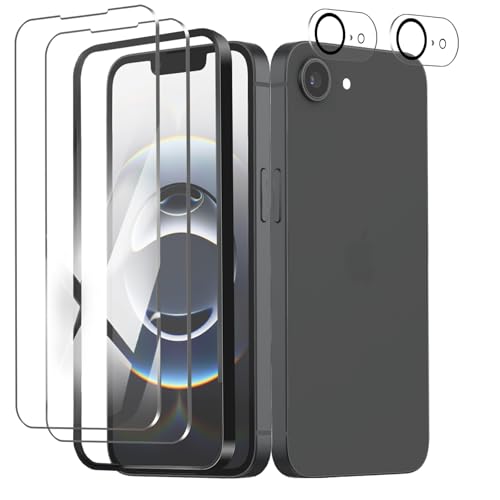 iPhone 16e フィルム ガラスフィルム 2枚+ カメラフィルム 2枚 硬度9H 飛散防止 高感度タッチ 貼り付け簡単 強化ガラス 保護フィルム 撥水撥油 [2+2セット] 送料無料