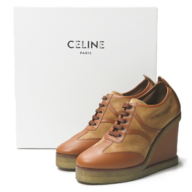 CELINE セリーヌ イタリア製 MANON ウェッジソールレースアップシューズ RM1129 39(26cm) ブラウン マノン レザー/スエード シューズ【中古】【CELINE】