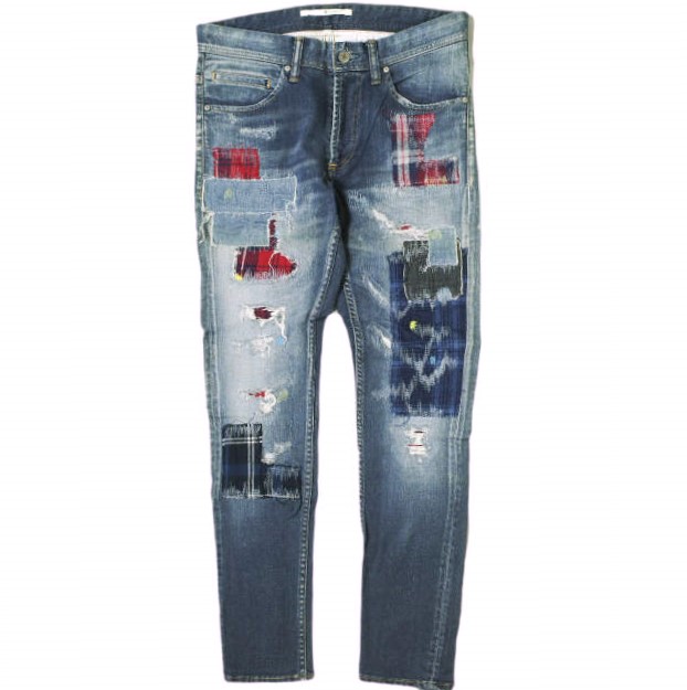 e JEANS イージーンズ 日本製 STRETCH SLIM 岡山児島 襤褸パッチワークストレッチスリムデニムパンツ e801-028 0 Dark Blue ジップフライ チェック ジーンズ 定価59,500円 ボトムス【新古品】【中古】【e JEANS】