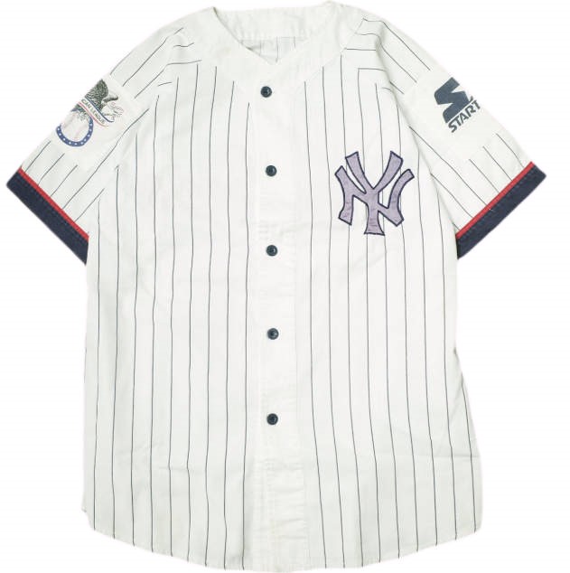 STARTER スターター 90s ニューヨークヤンキース ピンストライプ ベースボールシャツ L程度 WHITE/NAVY 半袖 MLB NY トップス【中古】【STARTER】