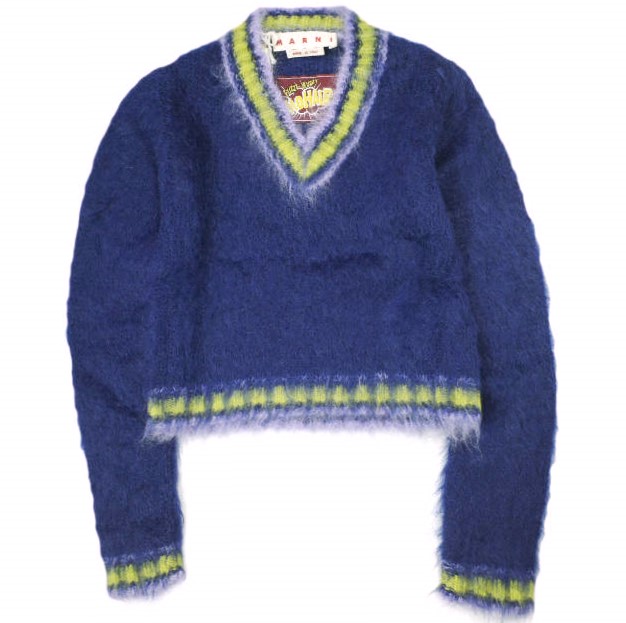 MARNI マルニ 23AW イタリア製 FUZZY WUZZY ブルーストライプトリムモヘヤジャンパー Vネックカレッジニット CVMD0108Q0 UFU108 38 BLUE セーター 定価138,600円 トップス【新古品】【中古】【MARNI】|USED SELECT SHOP Loop店