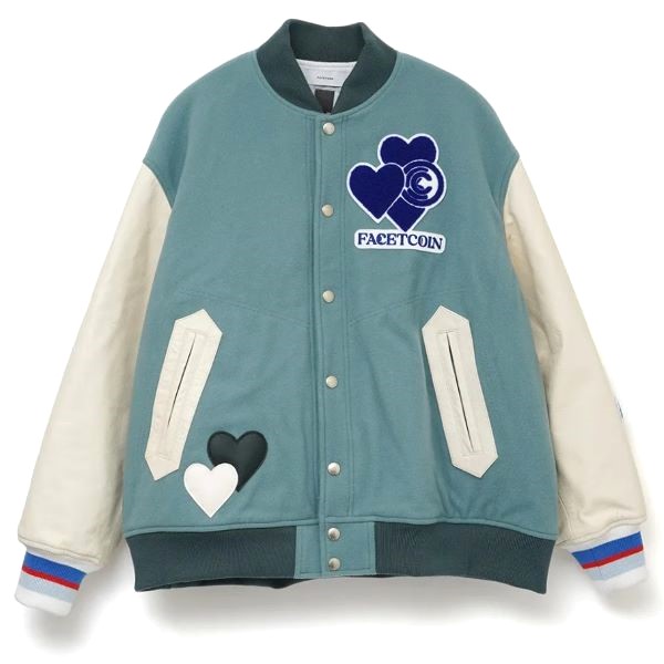 FACETASM x COIN PARKING DELIVERY x ROYAL FLASH ファセッタズム コインパーキングデリバリー CPD 24AW 別注 日本製 6着限定 LOVE PATCH STADIUM JACKET ラブパッチ スタジアムジャケット CPD-JK-M01 4 SMOKE BLUE ジャンパー 定価253,000円 袖レザー スタジャン【中古】|USED SELECT SHOP Loop店