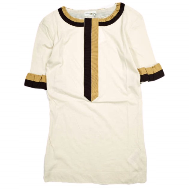 DRIES VAN NOTEN ドリスヴァンノッテン 24SS HAPPY TAPE 8606 W.K.POLO グログランテープ Tシャツ 241-011144-8606-100 S CREAM 定価55,000円 半袖 ヘンリーネック カットソー トップス【新古品】【中古】【DRIES VAN NOTEN】｜USED SELECT SHOP Loop店