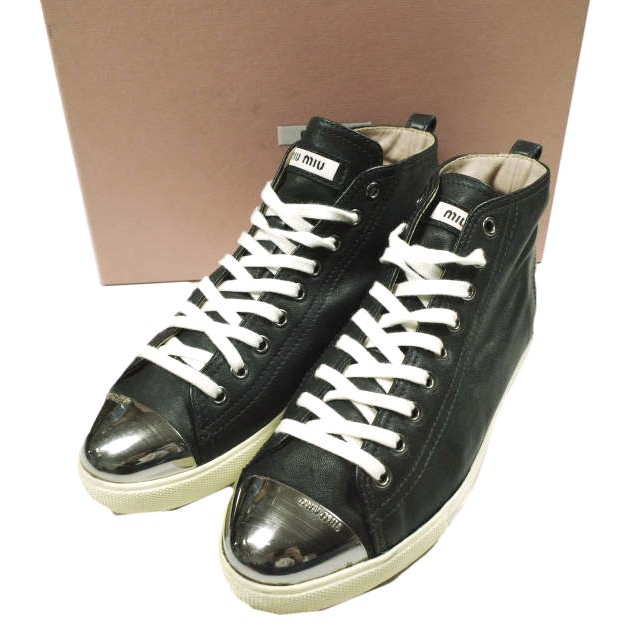 MIU MIU ミュウミュウ メタリックトゥ スムースレザー ミドルカットスニーカー 5T9556 38(25cm) BLACK スニーカー シューズ【中古】【MIU MIU】｜USED SELECT SHOP Loop店