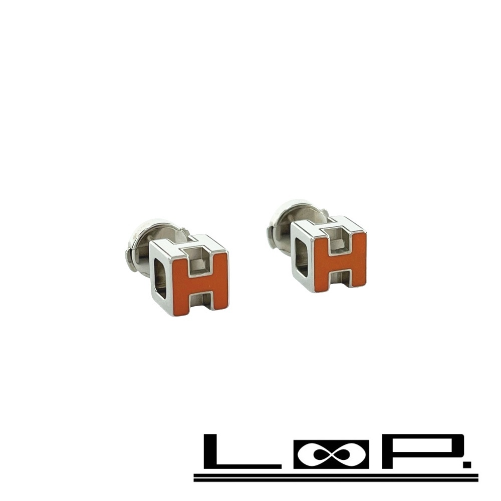 エルメス ■美品■ カージュドアッシュ ピアス アクセサリー H キューブ メタル オレンジ シルバー 【586101】7 【中古】