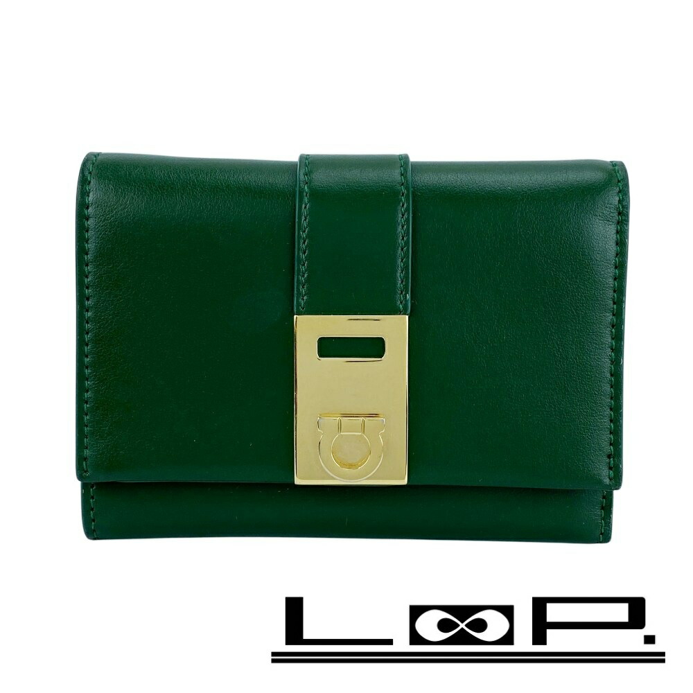 フェラガモ ■美品■ 三つ折り 財布 コンパクト ウォレット ガンチーニ レザー GP グリーン ゴールド 220630 【627408】5 【中古】